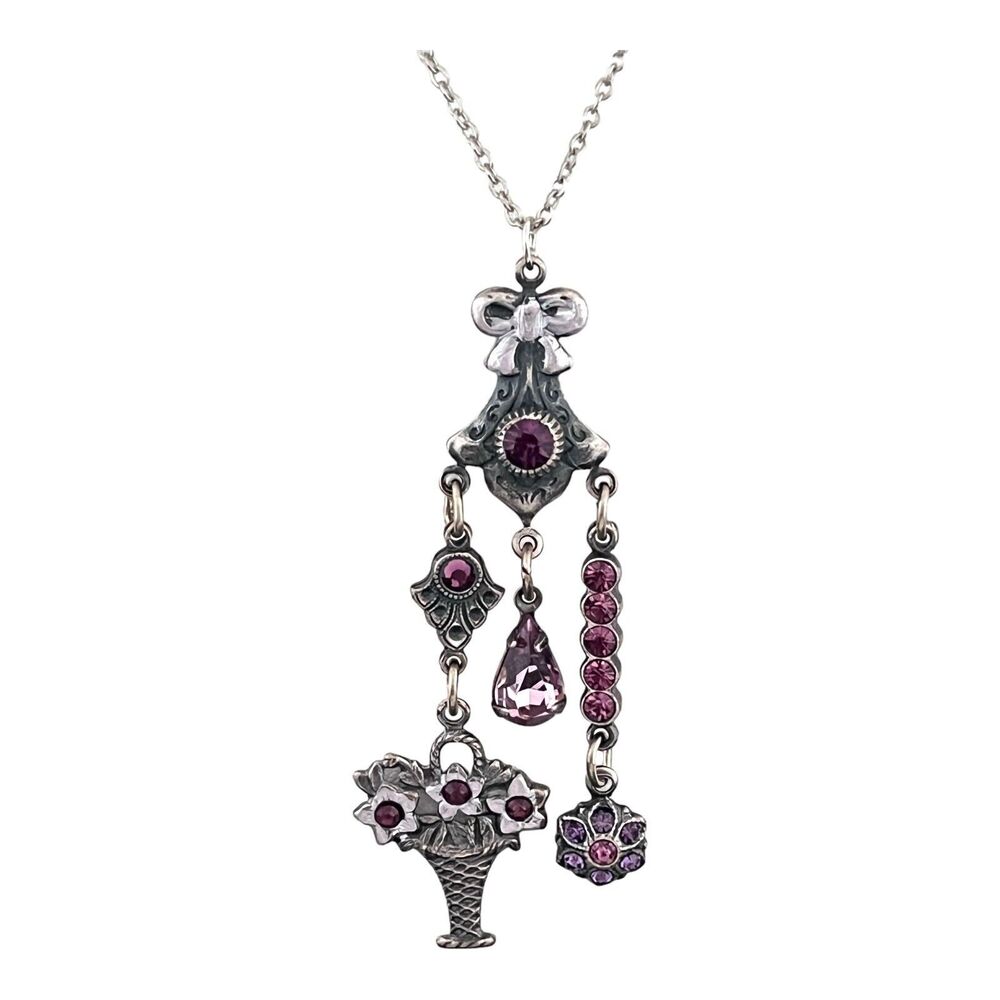 Vintage 1970s Art Nouveau Revival Pendant Necklace Purple Crystal NOS - 1V